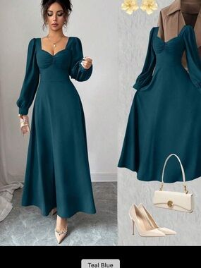 SHEIN Teal Blue Sweetheart Neckline Maxi Dress with Puff Long Sleeves